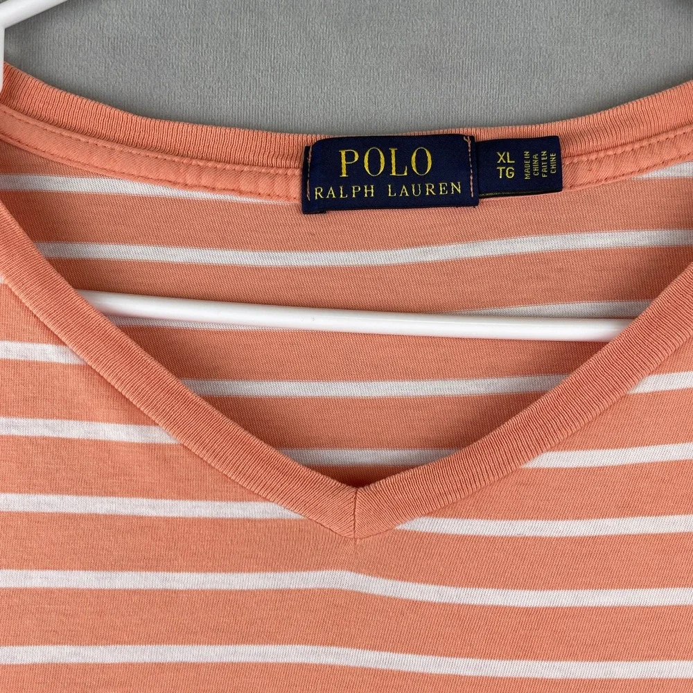 Polo Ralph Lauren Mens XL V-Neck T-Shirt Orange‎ White Striped Cotton Pony Logo